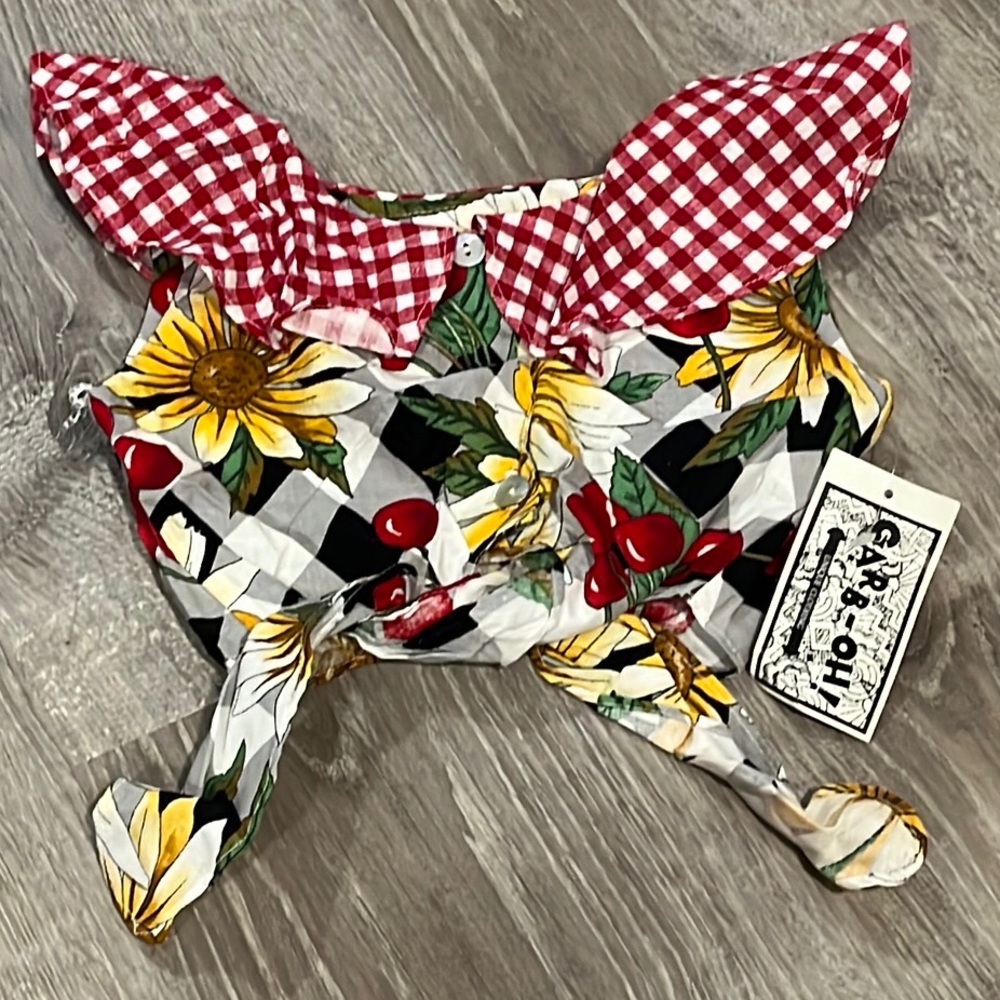 NEW TRUE VINTAGE 90's DEADSTOCK KIDS BUTTON DOWN CROP TOP WITH TIE PICNIC PRINT